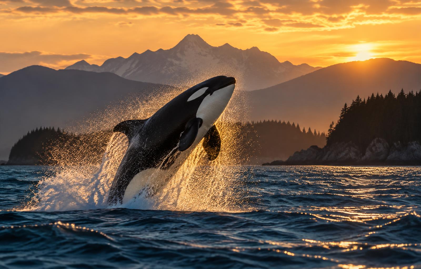 An orca breaching at sunset in the Salish Sea with mountains behind