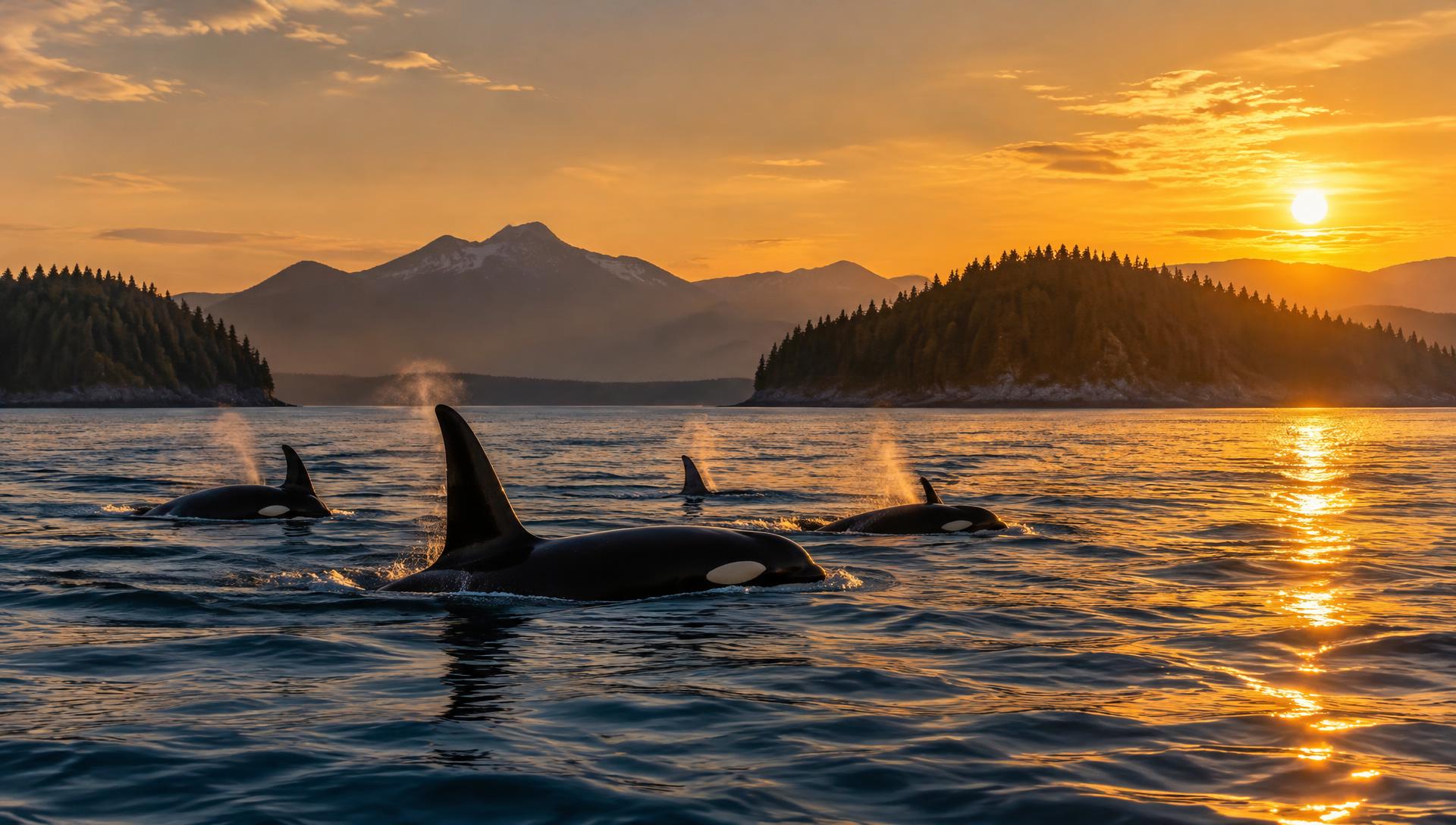 A pod of orcas surfacing at sunset among forested islands